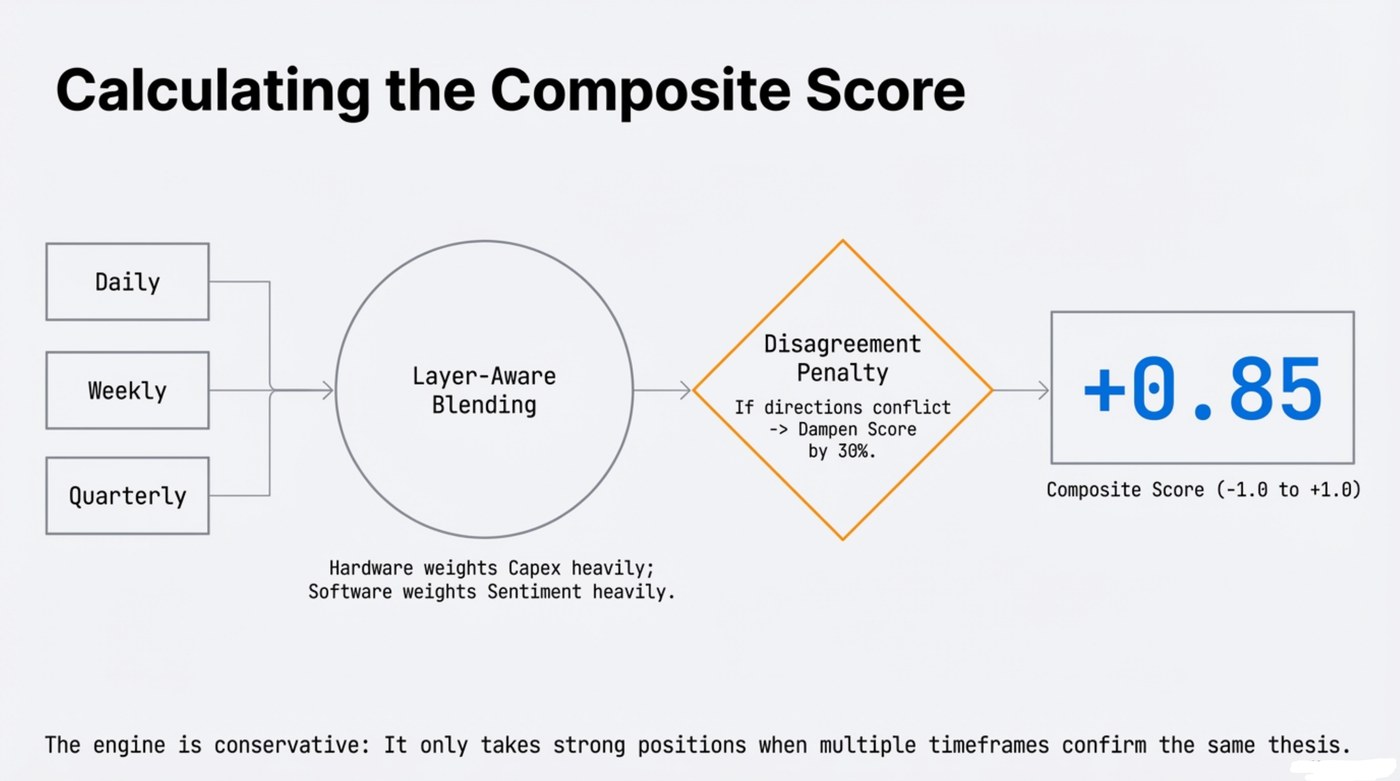 Calculating the composite score: daily, weekly, and quarterly inputs flow through layer-aware blending, then a disagreement penalty (dampen by 30% if directions conflict), producing a composite score from -1.0 to +1.0