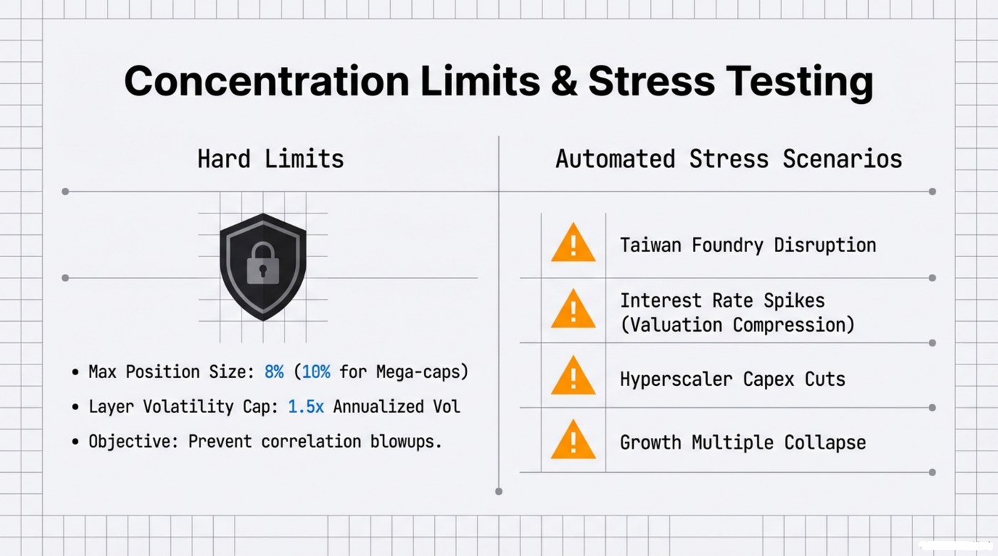 Concentration limits (max position 8%, mega-caps 10%, layer volatility cap 1.5x annualized vol) and automated stress scenarios: Taiwan foundry disruption, interest rate spikes, hyperscaler capex cuts, growth multiple collapse
