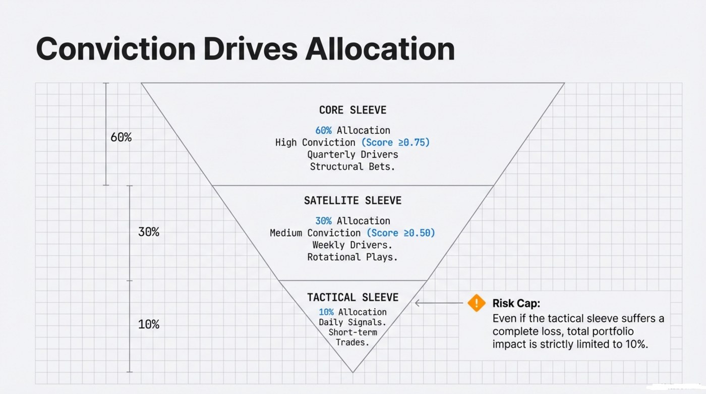 Conviction drives allocation: Core sleeve (60%, high conviction, score 0.75+, quarterly drivers), Satellite sleeve (30%, medium conviction, score 0.50+, weekly drivers), Tactical sleeve (10%, daily signals, short-term trades). Risk cap: even a complete tactical loss limits total impact to 10%.