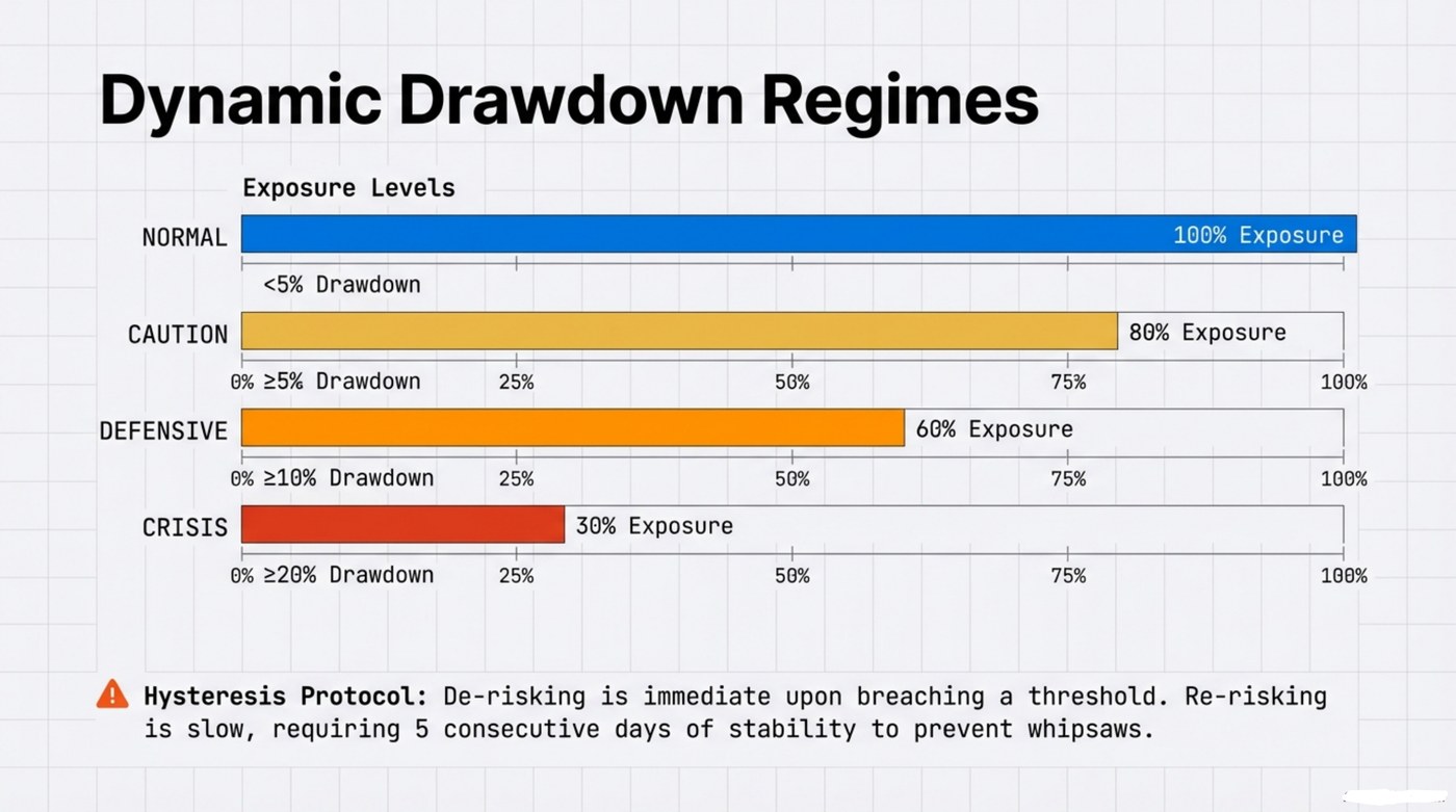 Dynamic drawdown regimes: Normal (<5% drawdown, 100% exposure), Caution (5%+, 80%), Defensive (10%+, 60%), Crisis (20%+, 30%). De-risking is immediate; re-risking requires 5 consecutive days of stability.